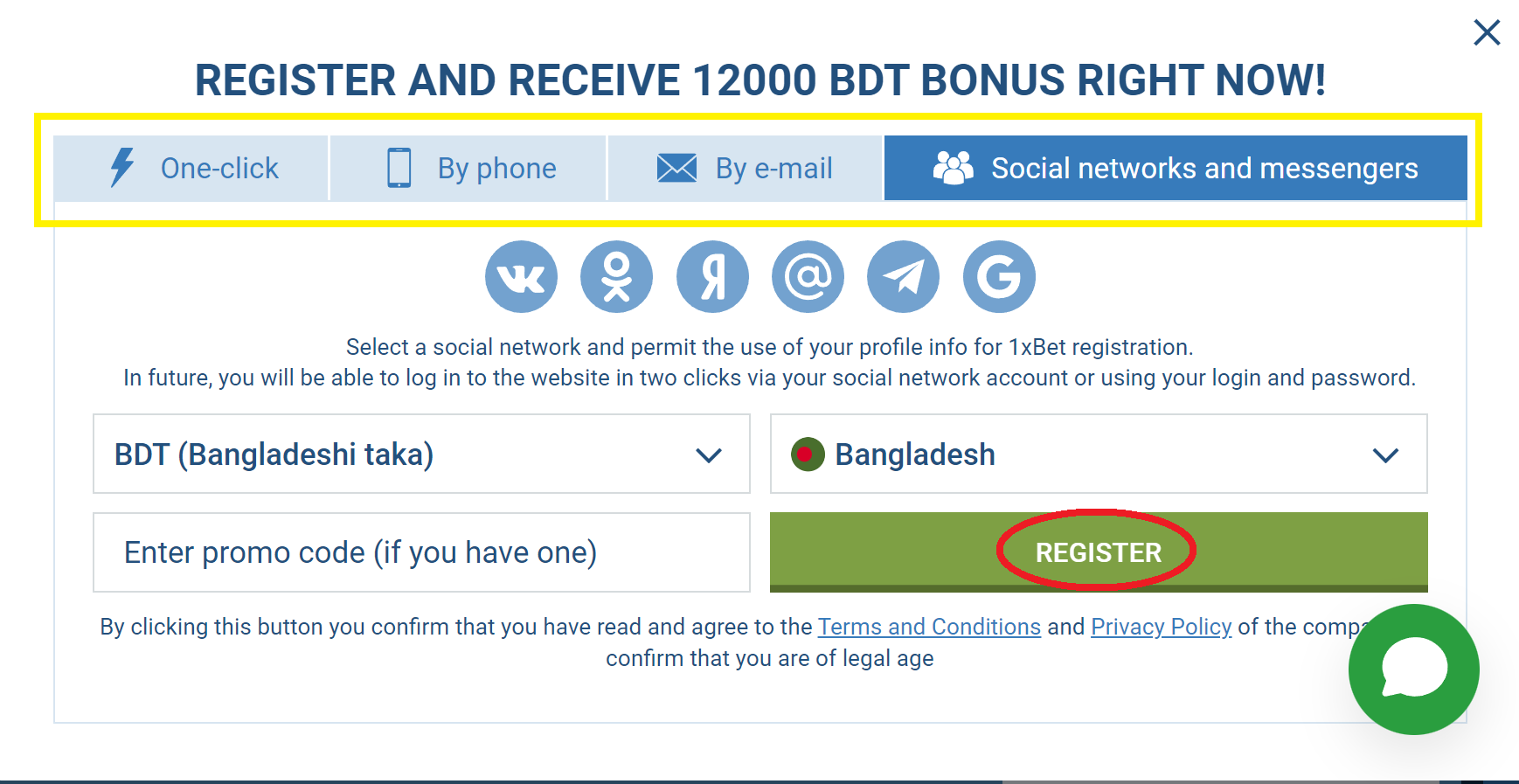 1xBet registration via social networks